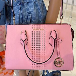 Michael Kors Pink Faux Leather Sheila Satchel with Crossbody Strap